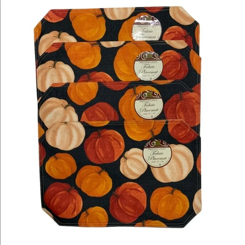 Pumpkin Linen Print Fabric Placemats Fall Autumn Halloween Seasons Set of 4
